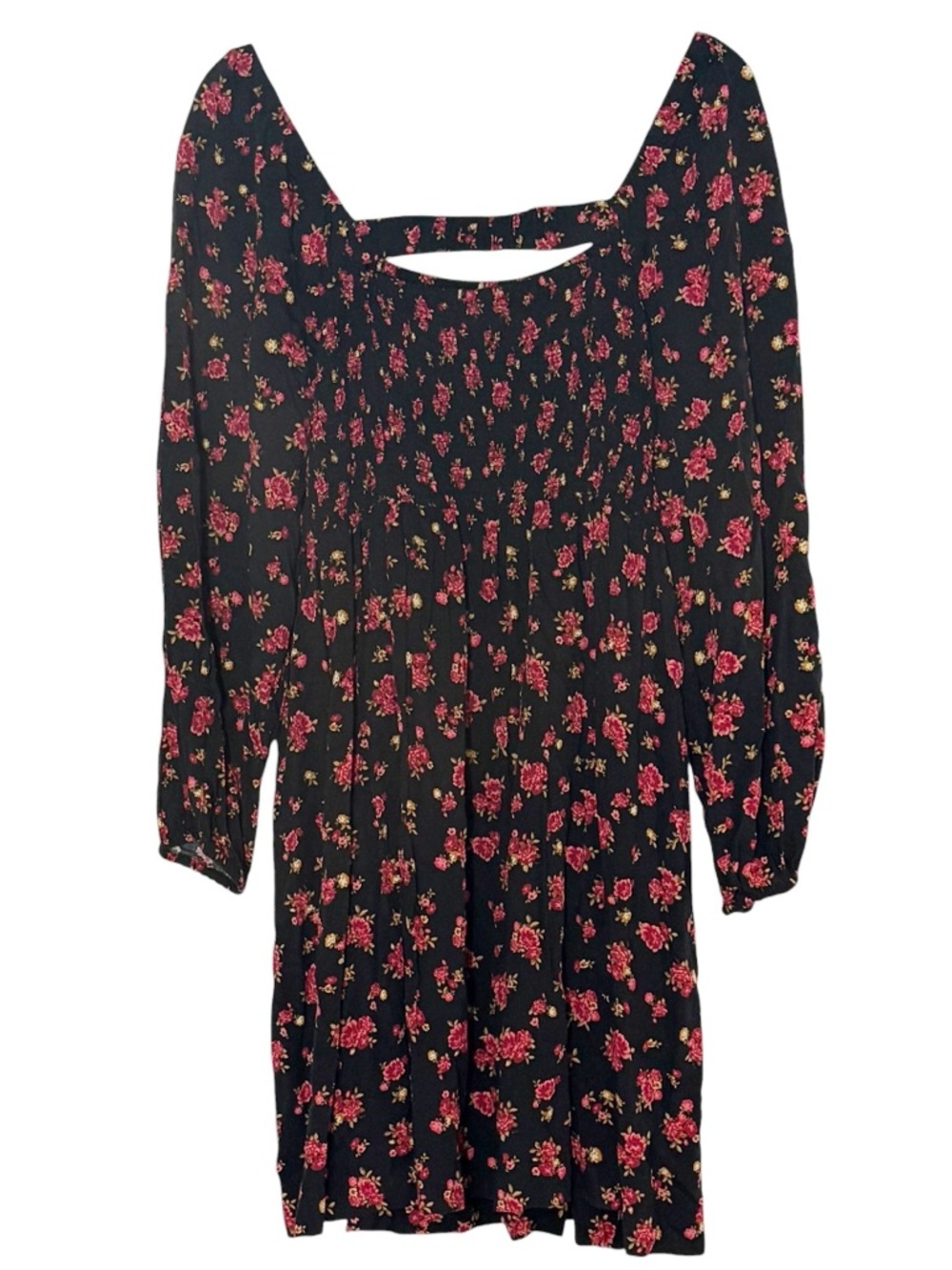Old Navy Floral Smocked Long Puff Sleeve Square neck Dress Size XL Black Red - Picture 5 of 13